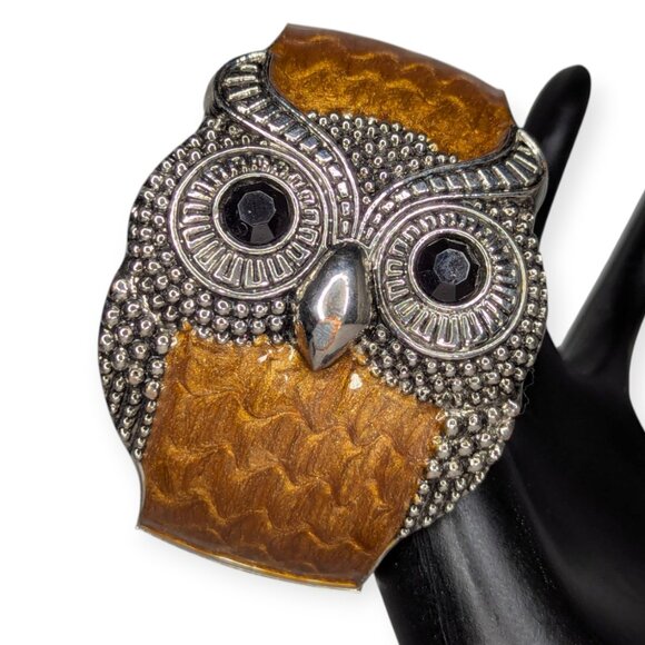 Unknown Jewelry - Wide Owl Cuff Silver Tone & Brown Accent Bangle Bracelet Hinged Fashion Jewelry